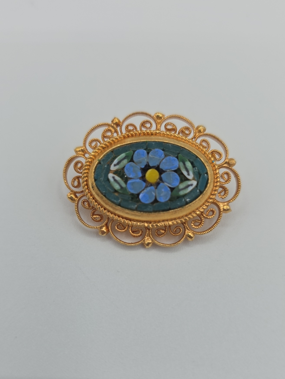 Gold-Tone Blue Micro-Mosaic Flower Brooch